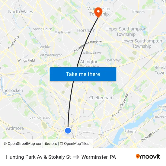Hunting Park Av & Stokely St to Warminster, PA map