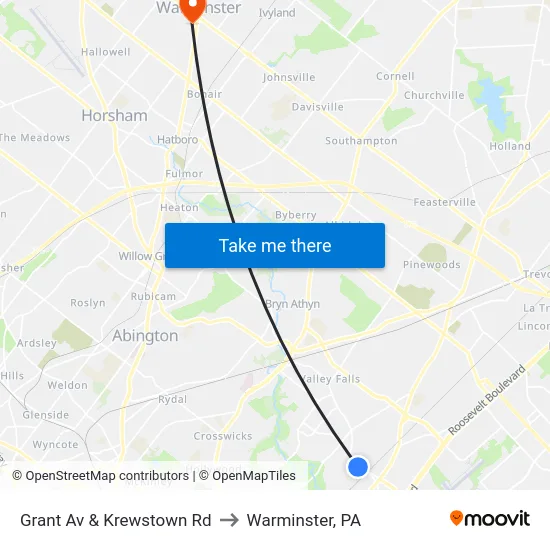 Grant Av & Krewstown Rd to Warminster, PA map