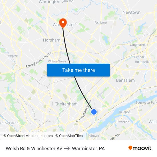 Welsh Rd & Winchester Av to Warminster, PA map