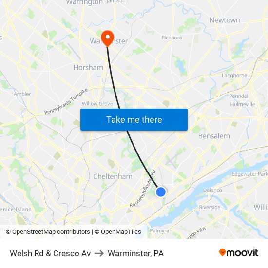 Welsh Rd & Cresco Av to Warminster, PA map