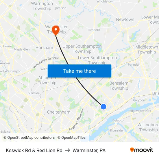 Keswick Rd & Red Lion Rd to Warminster, PA map