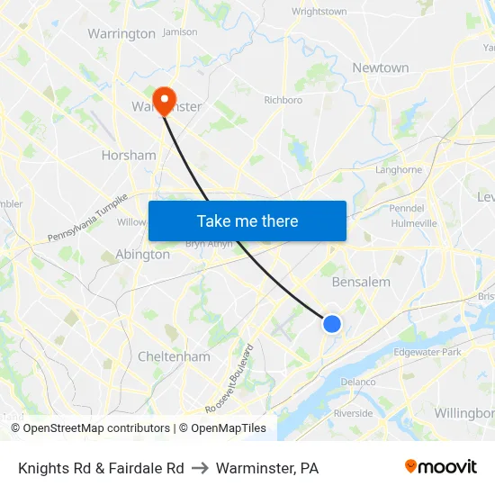 Knights Rd & Fairdale Rd to Warminster, PA map