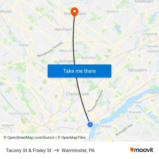 Tacony St & Fraley St to Warminster, PA map