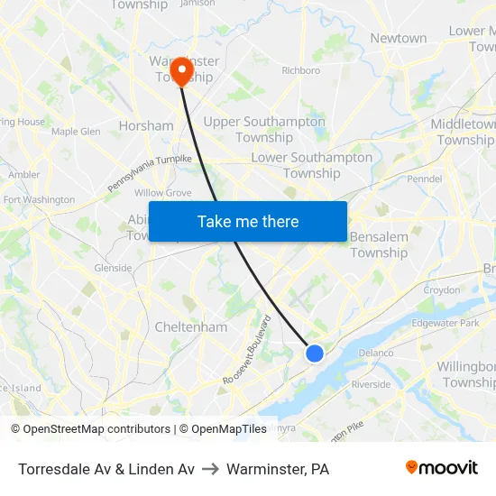 Torresdale Av & Linden Av to Warminster, PA map