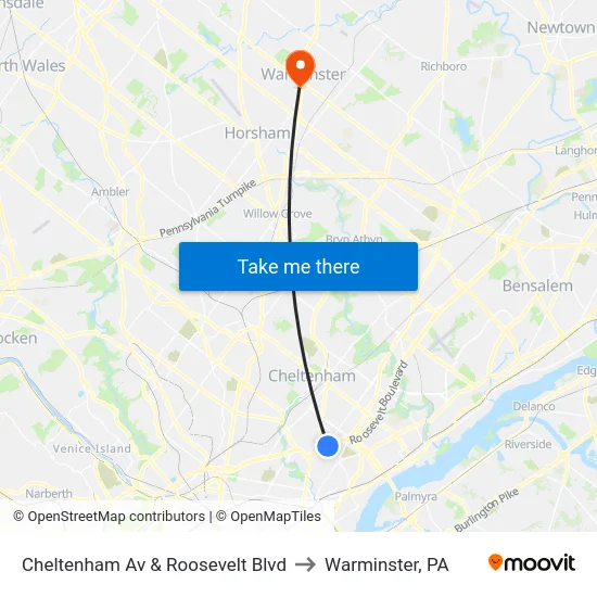 Cheltenham Av & Roosevelt Blvd to Warminster, PA map