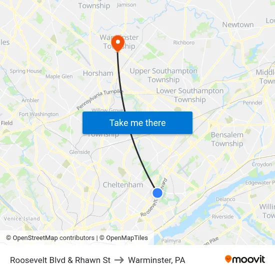 Roosevelt Blvd & Rhawn St to Warminster, PA map