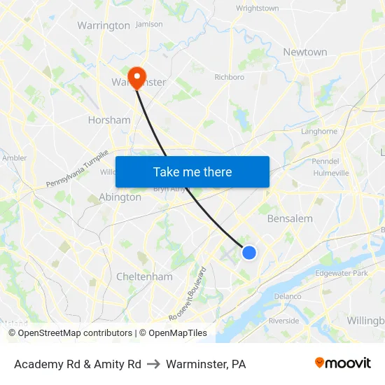 Academy Rd & Amity Rd to Warminster, PA map