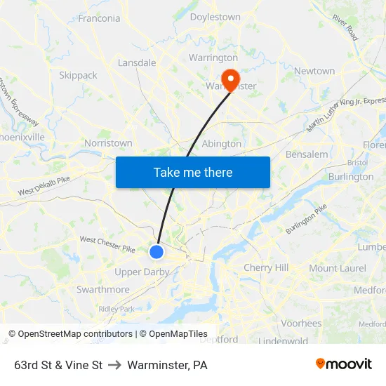 63rd St & Vine St to Warminster, PA map