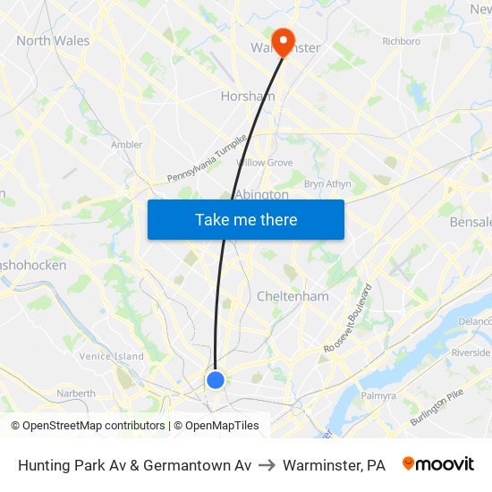 Hunting Park Av & Germantown Av to Warminster, PA map