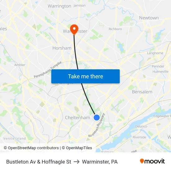 Bustleton Av & Hoffnagle St to Warminster, PA map
