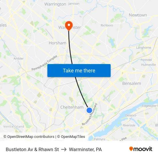 Bustleton Av & Rhawn St to Warminster, PA map
