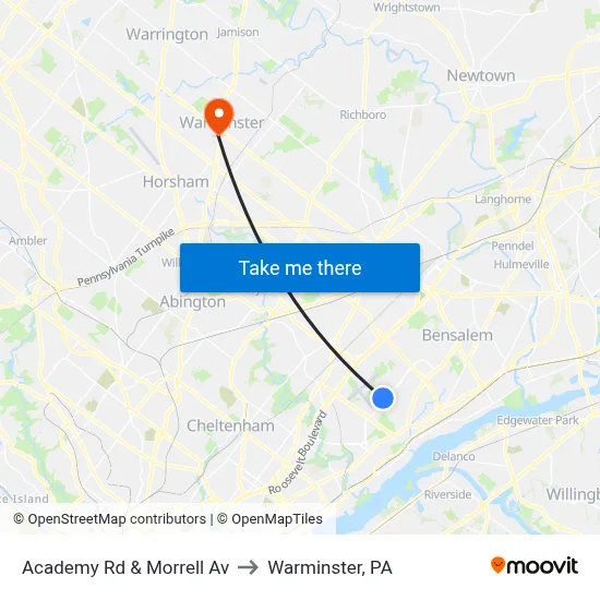 Academy Rd & Morrell Av to Warminster, PA map