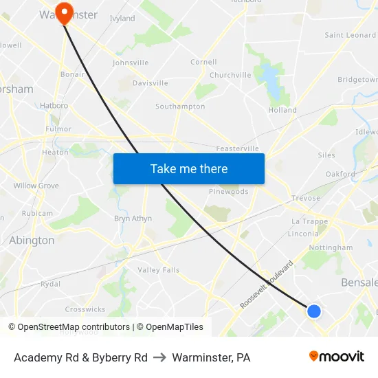 Academy Rd & Byberry Rd to Warminster, PA map