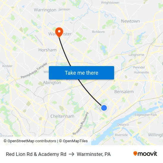 Red Lion Rd & Academy Rd to Warminster, PA map