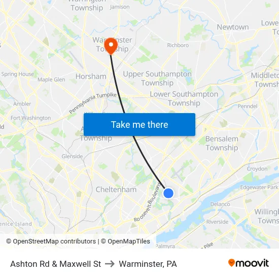 Ashton Rd & Maxwell St to Warminster, PA map