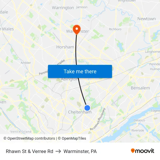 Rhawn St & Verree Rd to Warminster, PA map