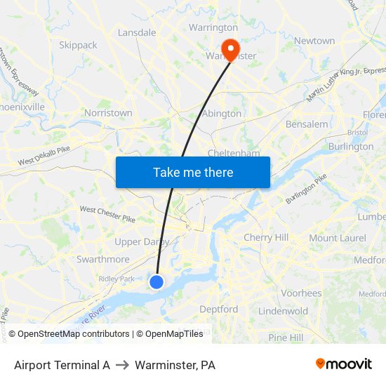 Airport Terminal A to Warminster, PA map