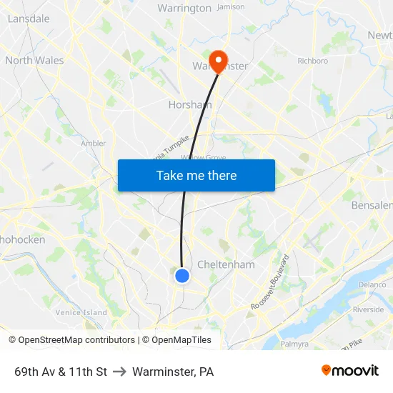 69th Av & 11th St to Warminster, PA map