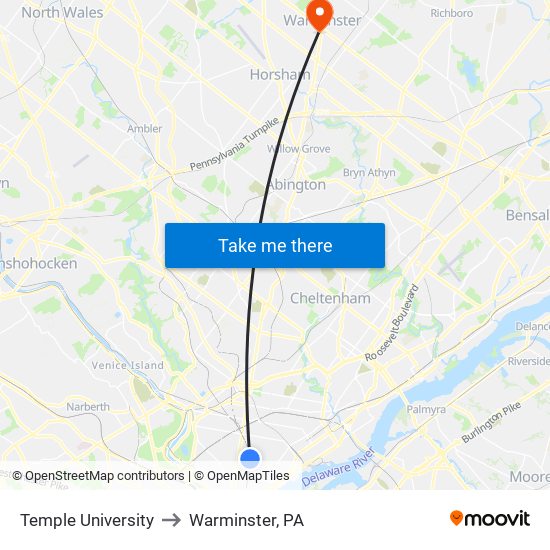 Temple University to Warminster, PA map
