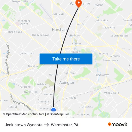 Jenkintown Wyncote to Warminster, PA map