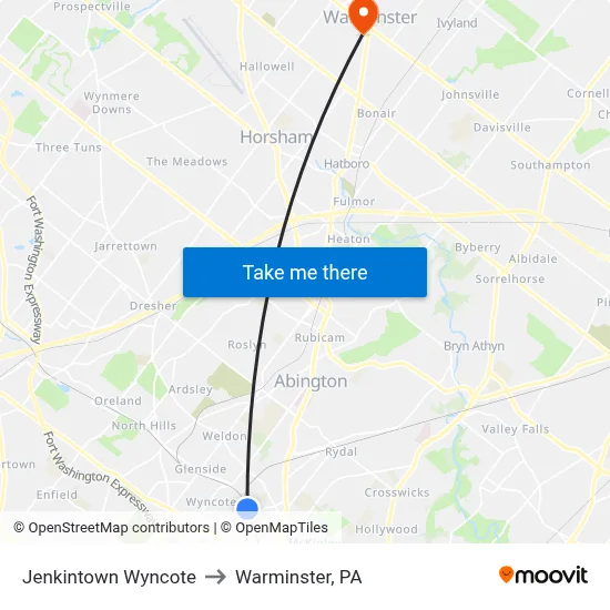 Jenkintown Wyncote to Warminster, PA map