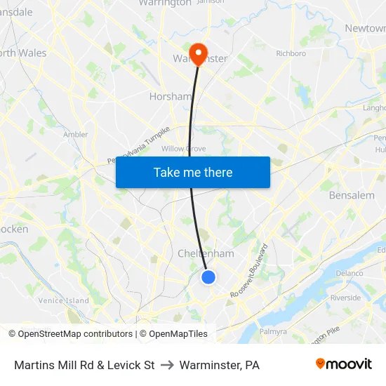 Martins Mill Rd & Levick St to Warminster, PA map