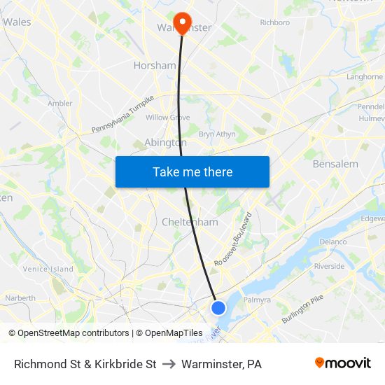 Richmond St & Kirkbride St to Warminster, PA map