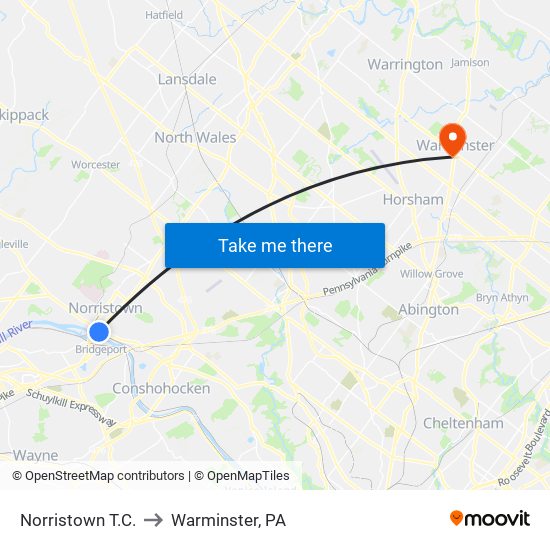 Norristown T.C. to Warminster, PA map