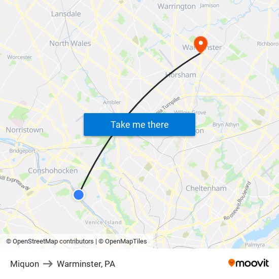 Miquon to Warminster, PA map