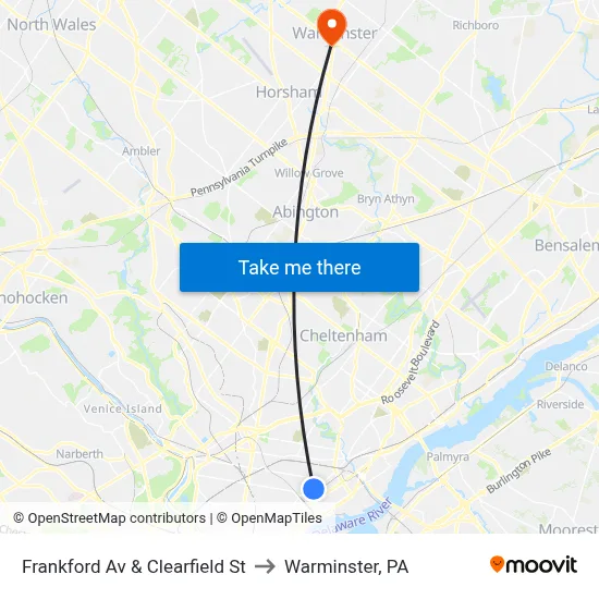 Frankford Av & Clearfield St to Warminster, PA map
