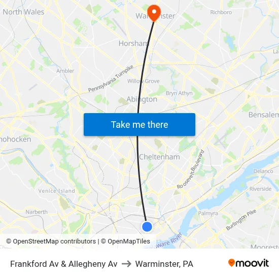 Frankford Av & Allegheny Av to Warminster, PA map