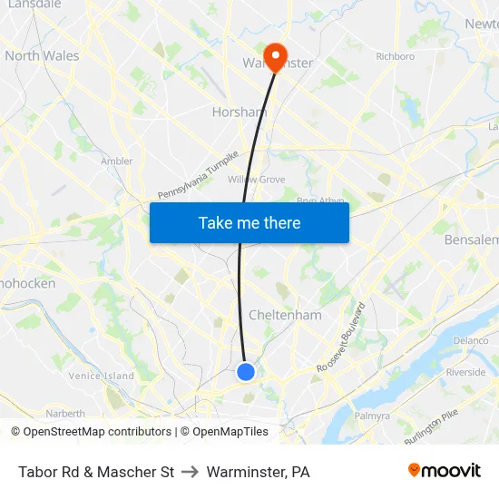 Tabor Rd & Mascher St to Warminster, PA map