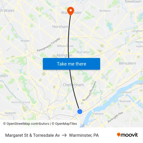 Margaret St & Torresdale Av to Warminster, PA map