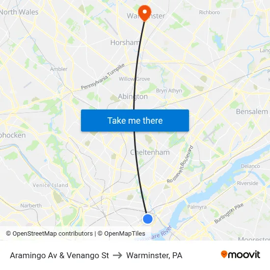 Aramingo Av & Venango St to Warminster, PA map
