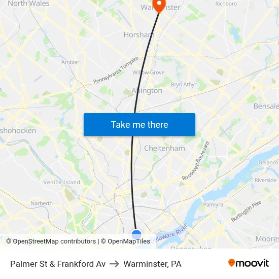 Palmer St & Frankford Av to Warminster, PA map