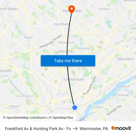 Frankford Av & Hunting Park Av - Fs to Warminster, PA map