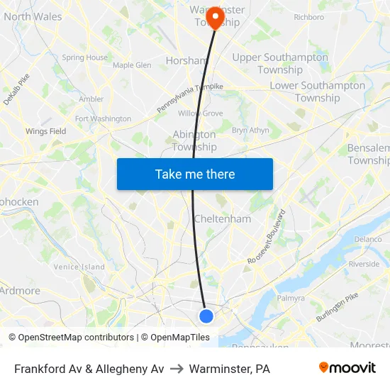 Frankford Av & Allegheny Av to Warminster, PA map
