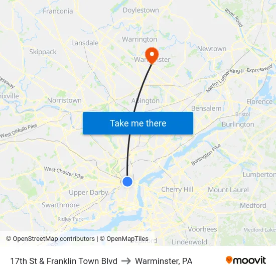 17th St & Franklin Town Blvd to Warminster, PA map