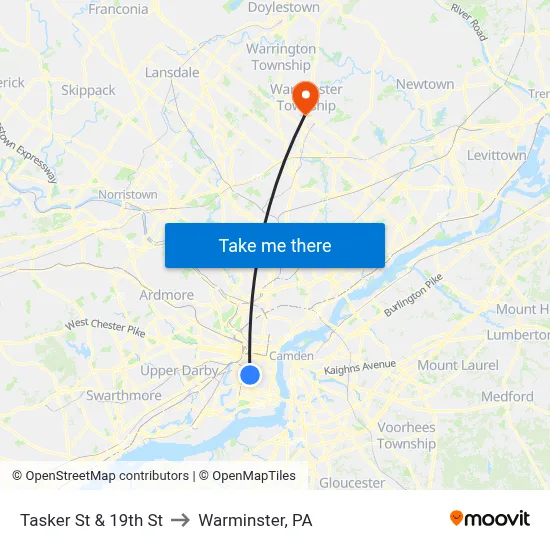 Tasker St & 19th St to Warminster, PA map