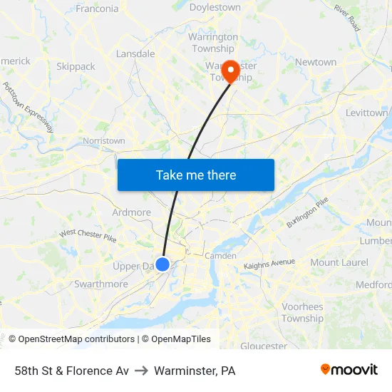 58th St & Florence Av to Warminster, PA map