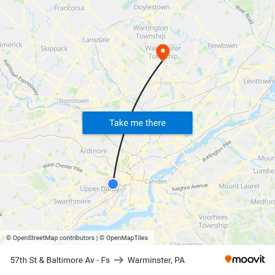 57th St & Baltimore Av - Fs to Warminster, PA map