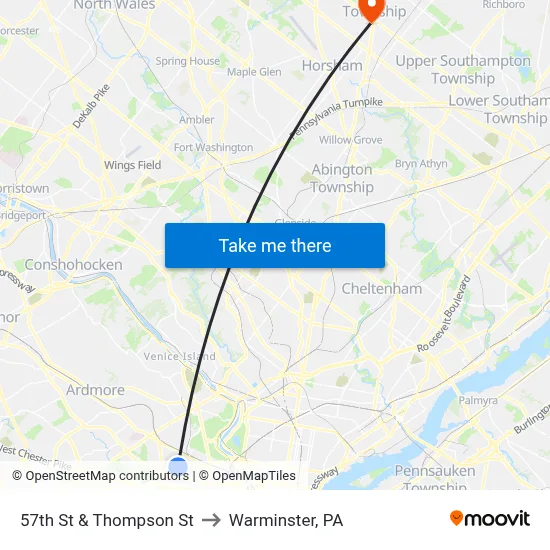 57th St & Thompson St to Warminster, PA map