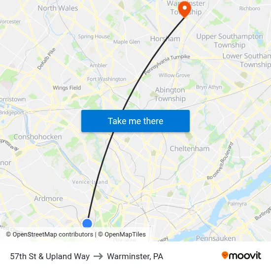 57th St & Upland Way to Warminster, PA map
