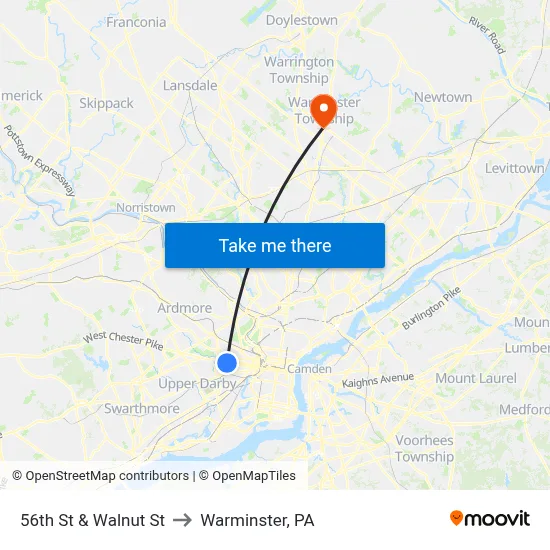 56th St & Walnut St to Warminster, PA map