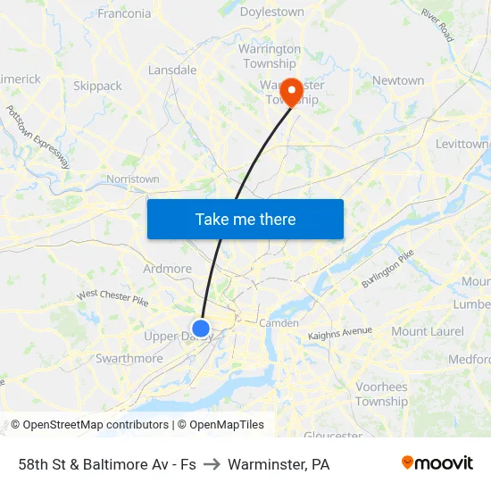 58th St & Baltimore Av - Fs to Warminster, PA map