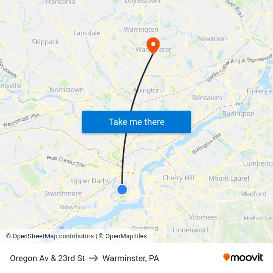 Oregon Av & 23rd St to Warminster, PA map