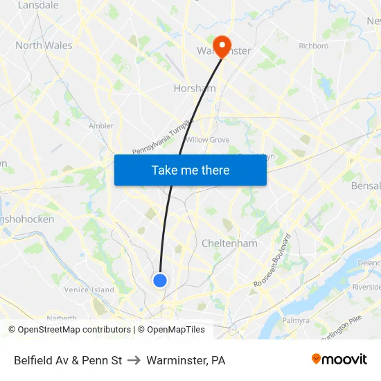 Belfield Av & Penn St to Warminster, PA map