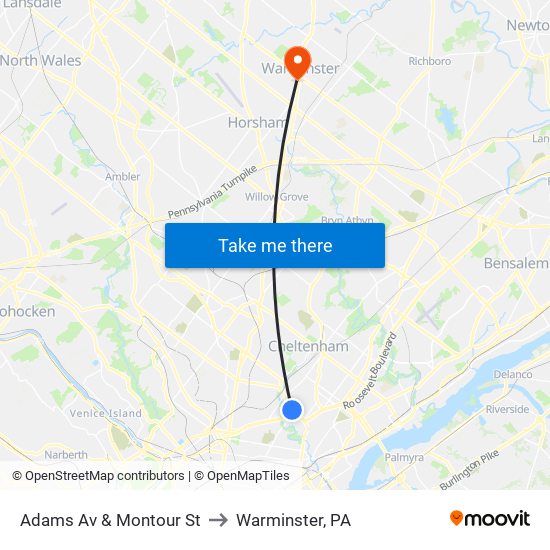 Adams Av & Montour St to Warminster, PA map