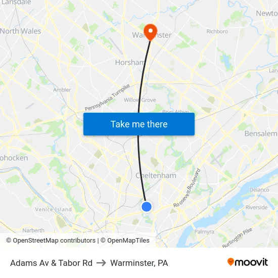 Adams Av & Tabor Rd to Warminster, PA map