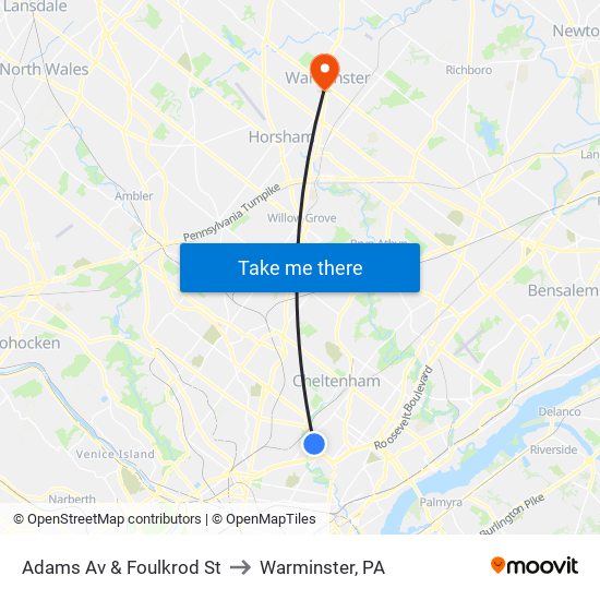 Adams Av & Foulkrod St to Warminster, PA map